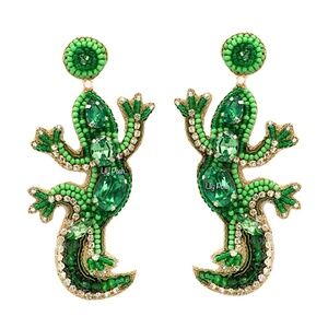 Hand Beaded Green Lizard Earring, Reptile, Lizard